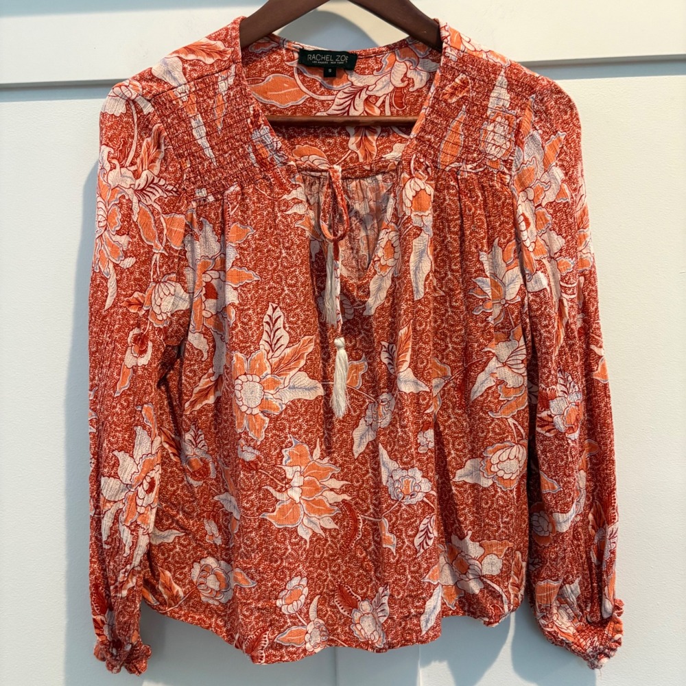 Rachel Zoe‎ Peasant Blouse Womens Small Orange Floral Smocked Tassel Boho Top